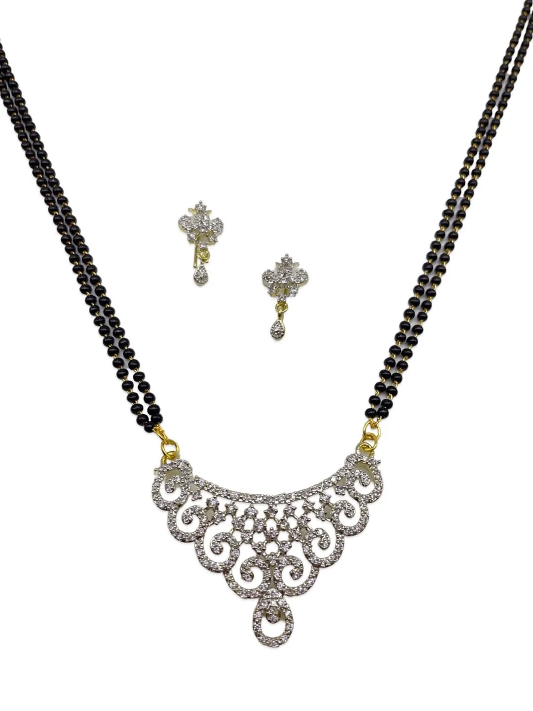 Long Gold Artificial American Diamond Mangalsutra Set Modern Simple Trendy 2 Line Black Beads Chain