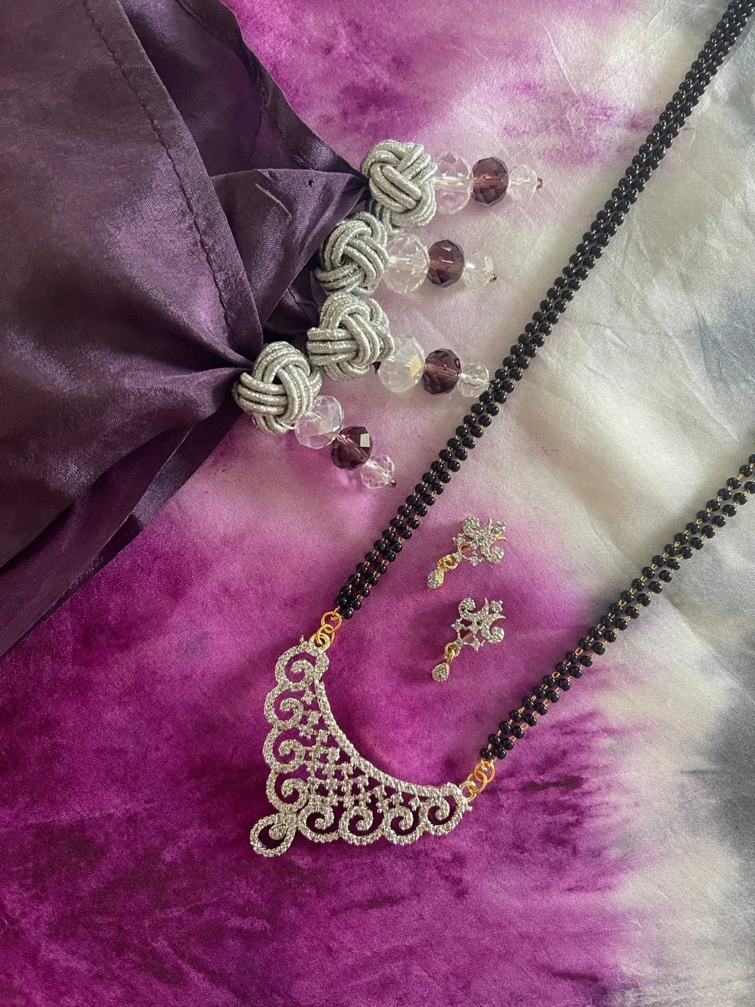 Long Gold Artificial American Diamond Mangalsutra Set Modern Simple Trendy 2 Line Black Beads Chain