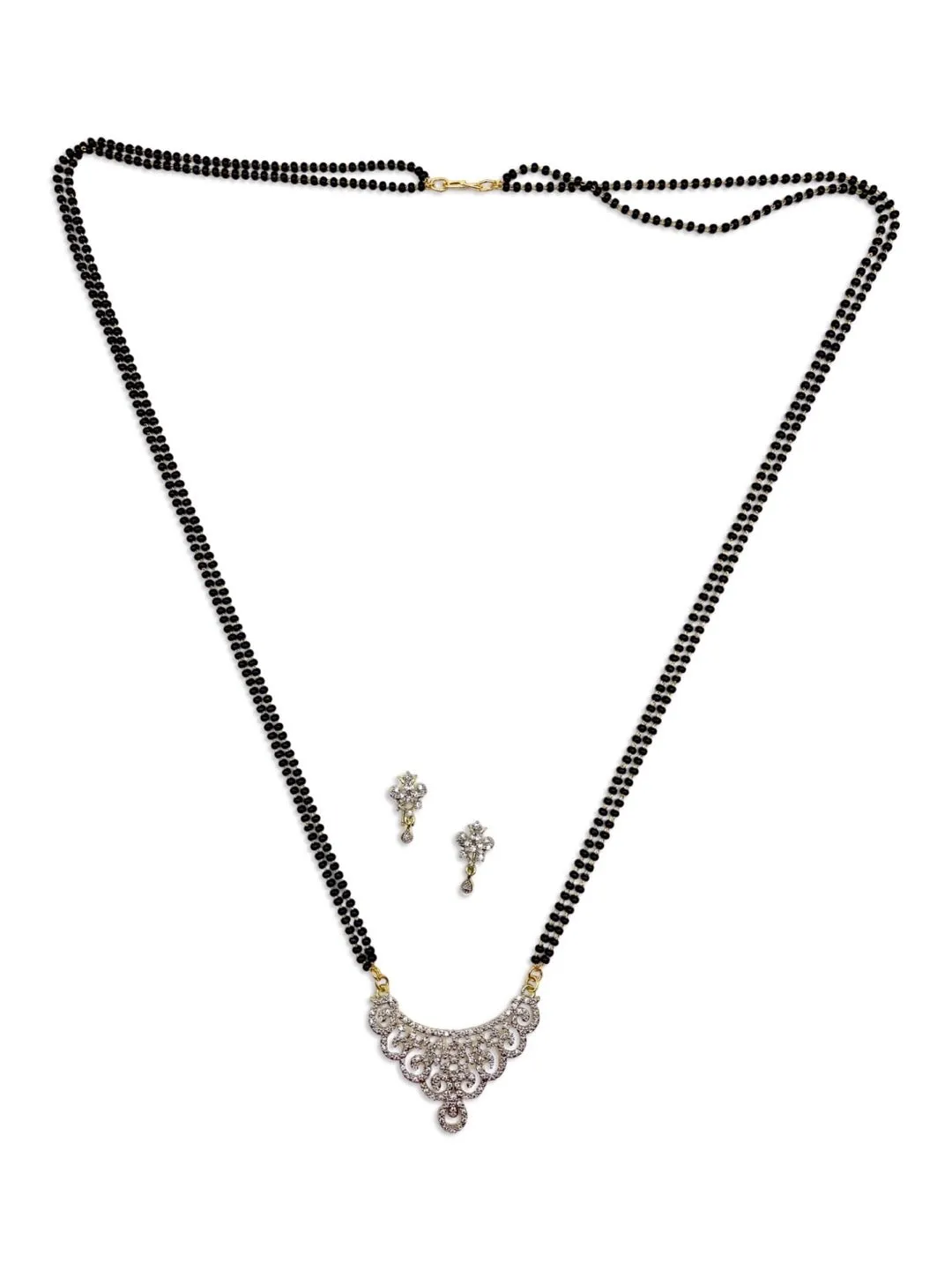 Long Gold Artificial American Diamond Mangalsutra Set Modern Simple Trendy 2 Line Black Beads Chain