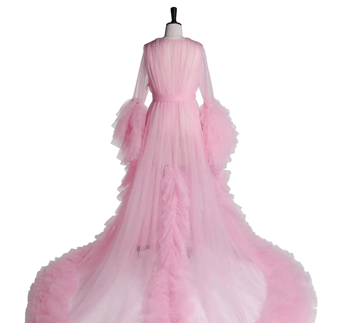 Long Sleeve Ruffled Tulle V Neck Luxury Robe