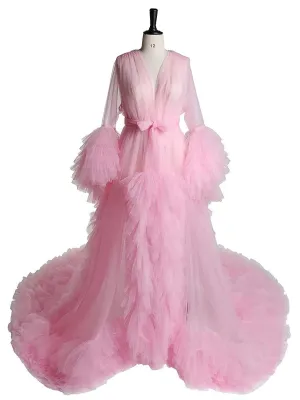 Long Sleeve Ruffled Tulle V Neck Luxury Robe