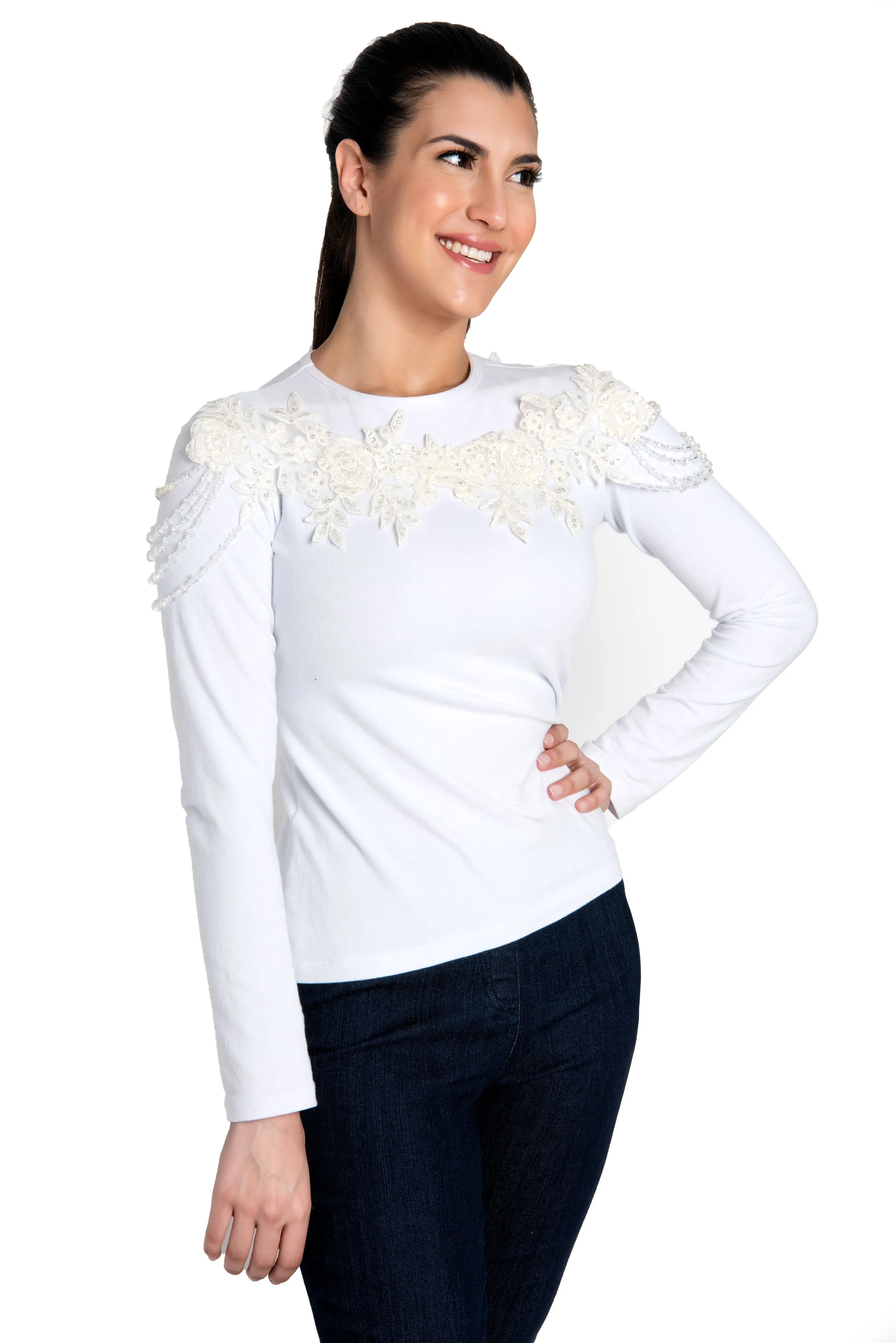 Long Sleeve White Top With Jeweled Neckline