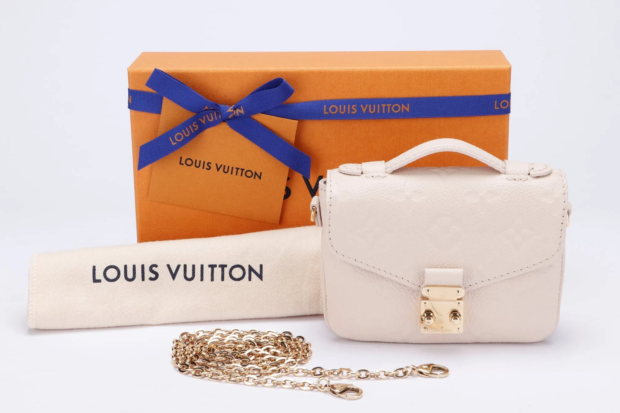 Louis Vuitton Micro Métis (M81390) Monogram Empreinte Beige Color, Gold Hardware with Gold Chain, Dust Cover & Box