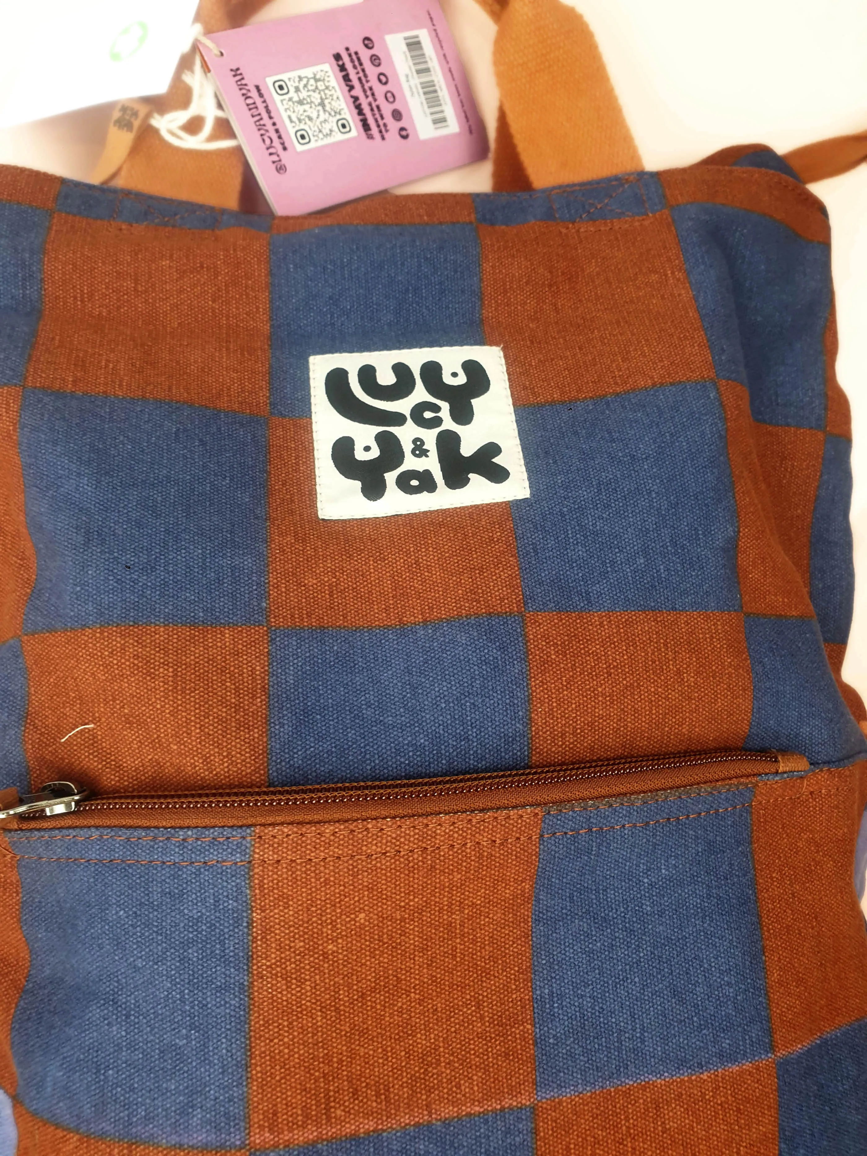 Lucy & Yak brown and blue backpack (as new with tags)