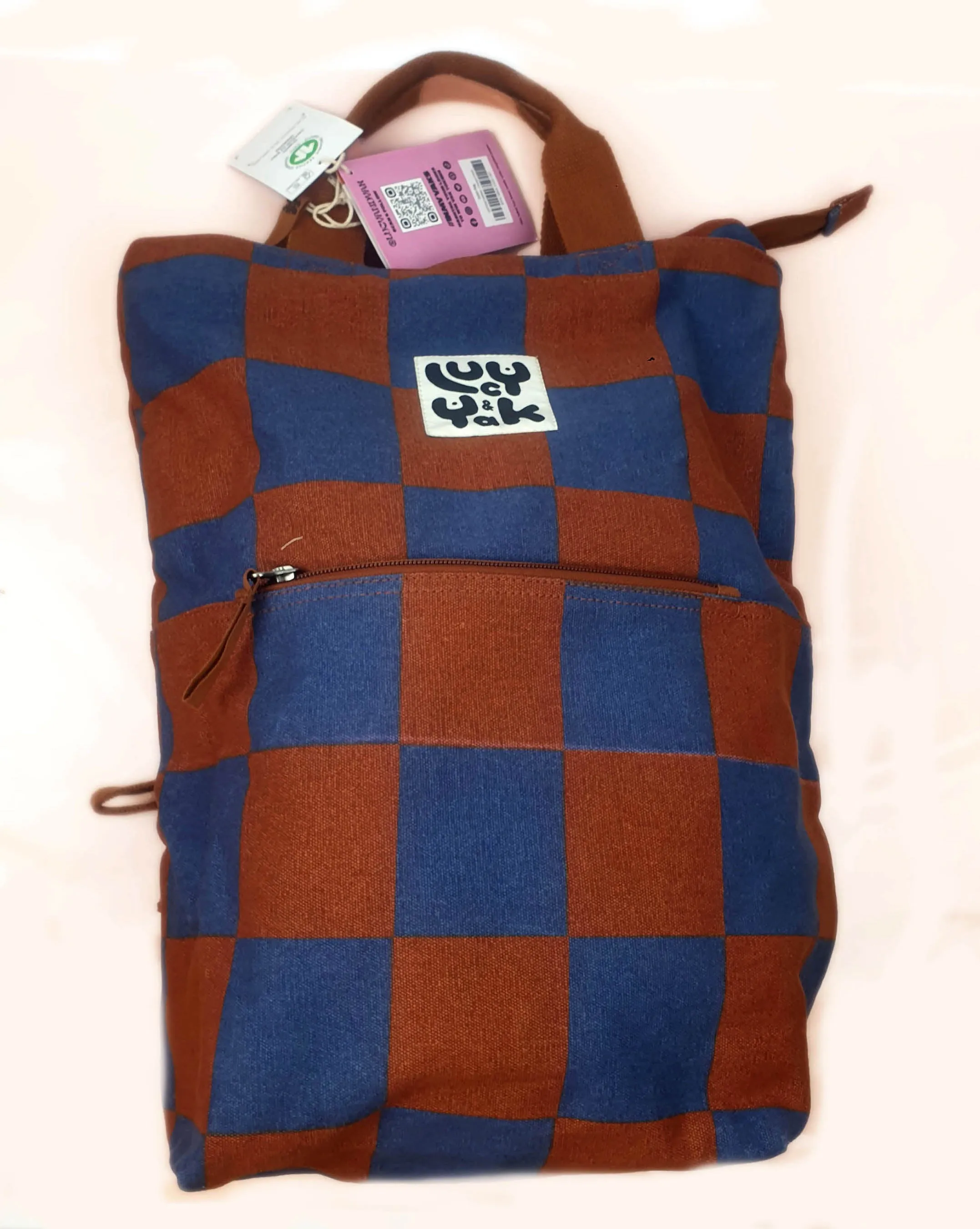 Lucy & Yak brown and blue backpack (as new with tags)
