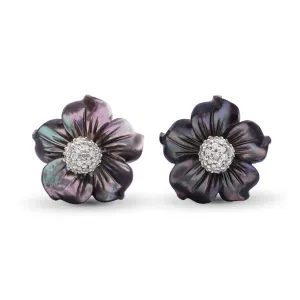 Luxury Hand Carved Dark Champagne Mother of Pearl and Diamond Earrings in 18K White Gold