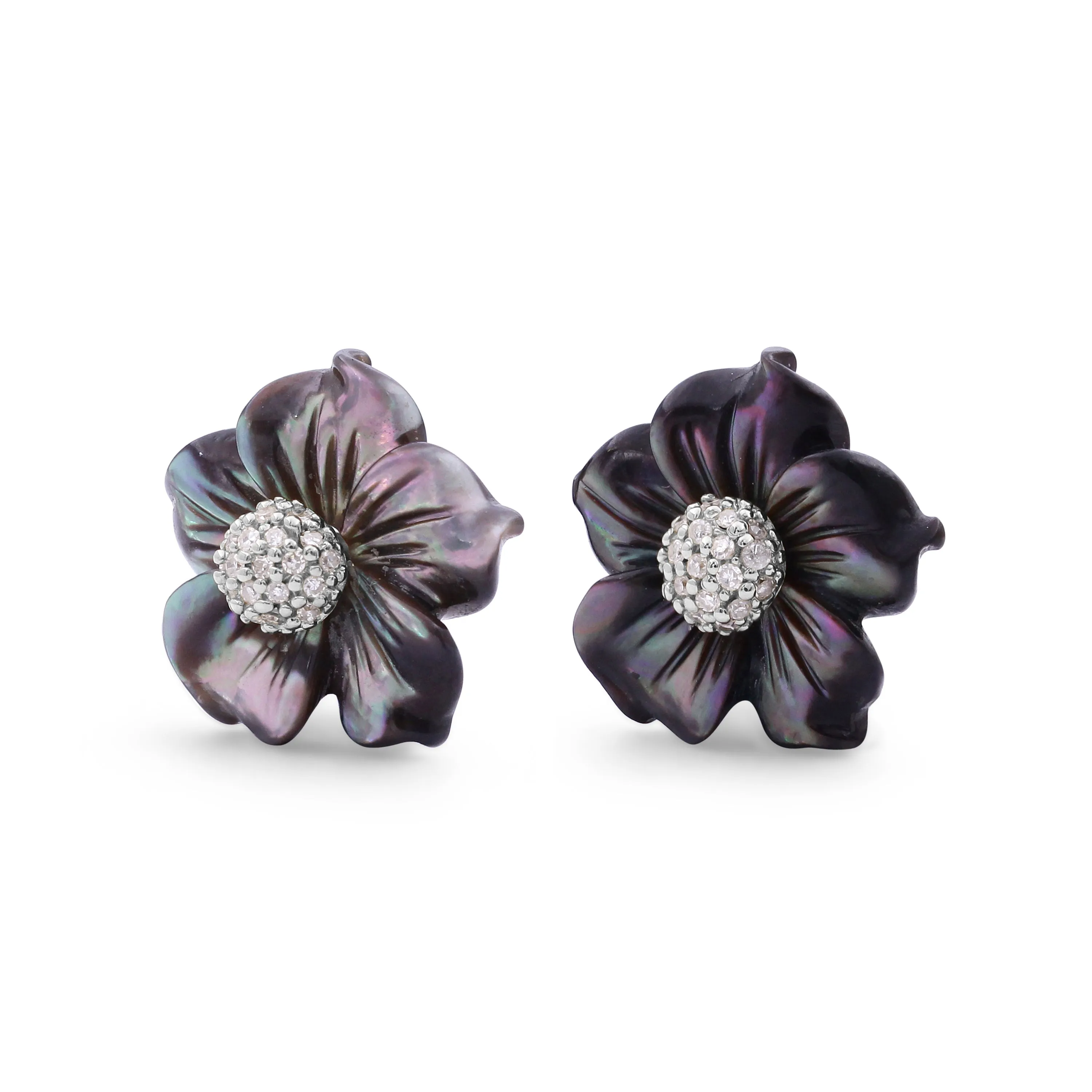 Luxury Hand Carved Dark Champagne Mother of Pearl and Diamond Earrings in 18K White Gold