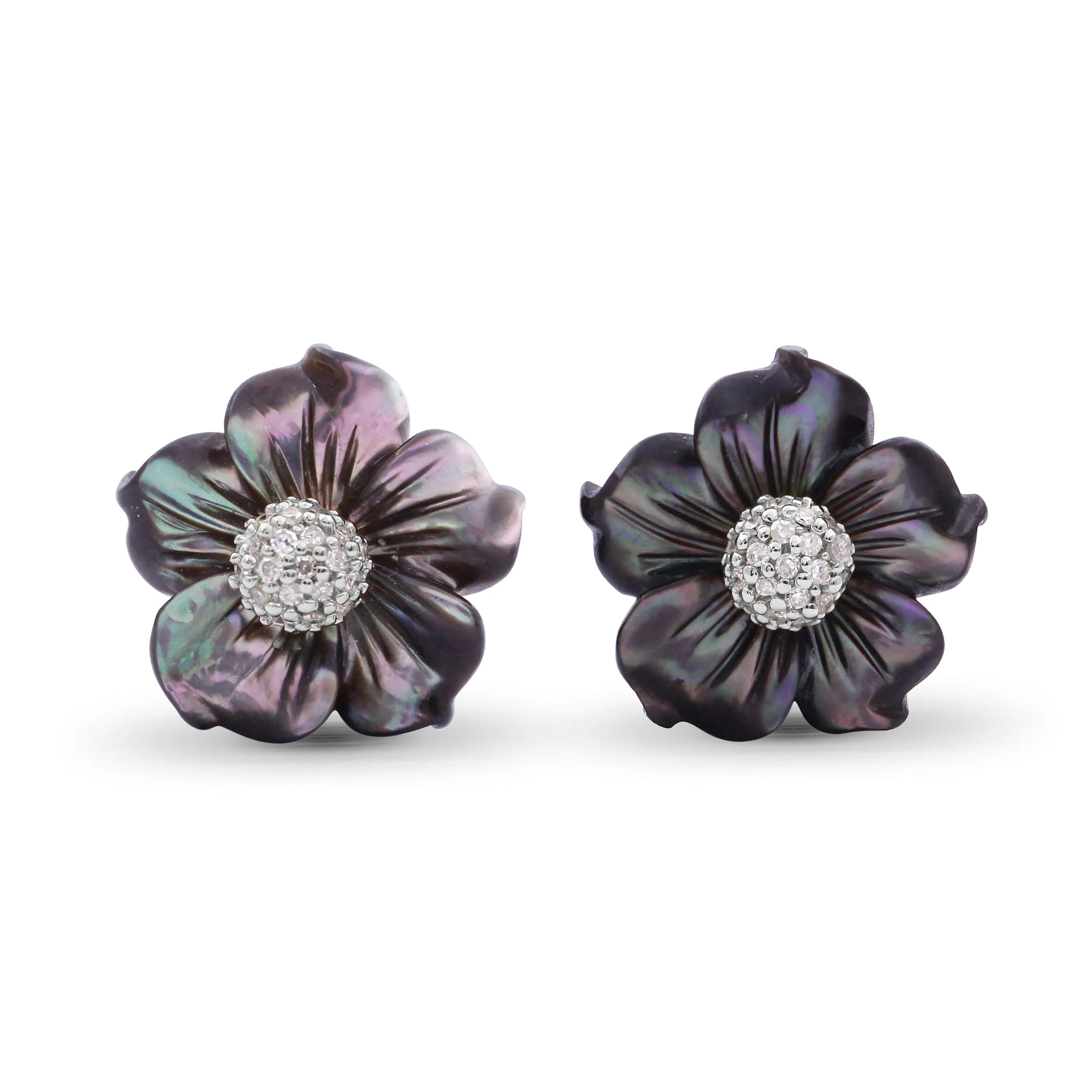 Luxury Hand Carved Dark Champagne Mother of Pearl and Diamond Earrings in 18K White Gold
