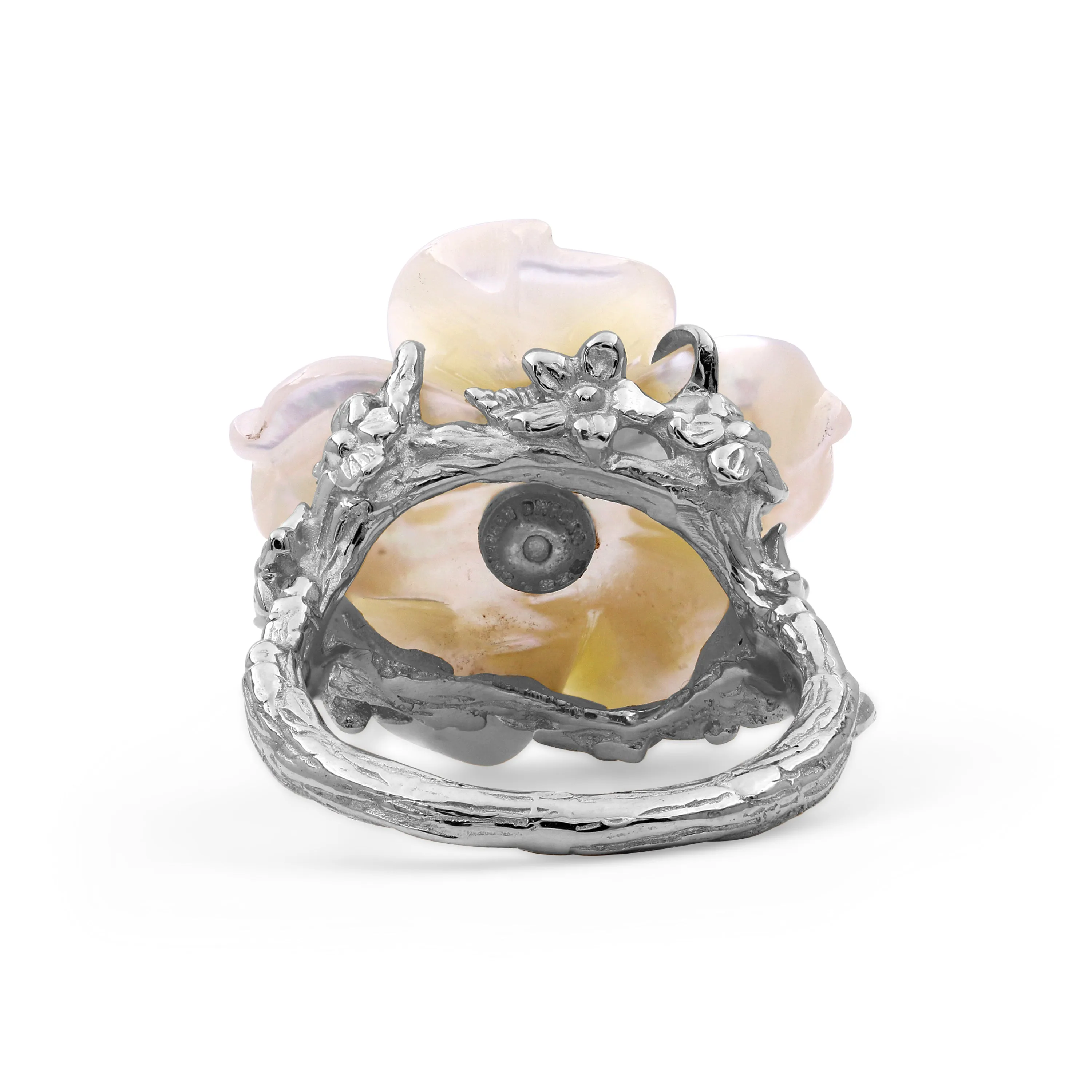 Luxury Hand Carved Mother of Pearl and Diamond Ring in 18K White Gold