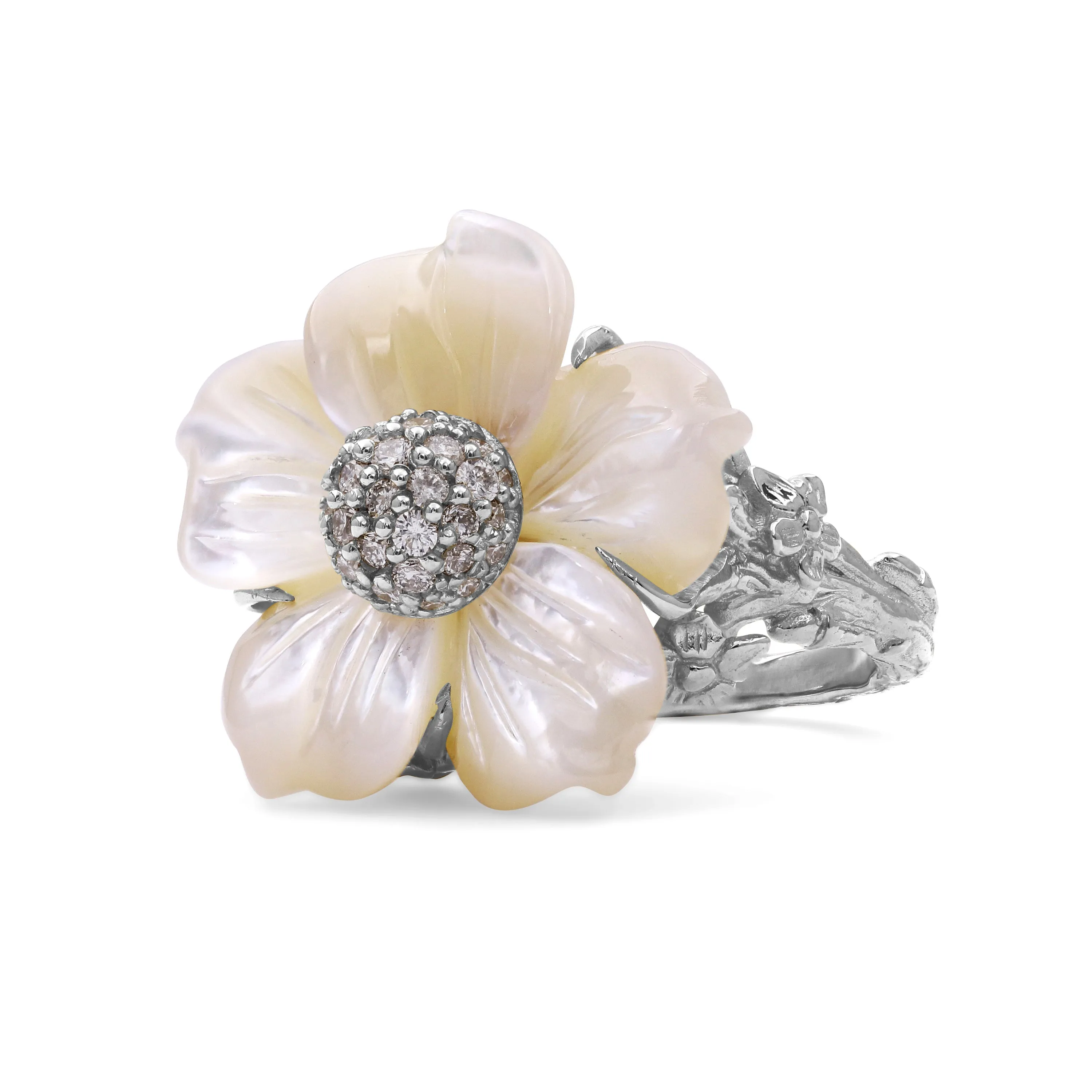 Luxury Hand Carved Mother of Pearl and Diamond Ring in 18K White Gold