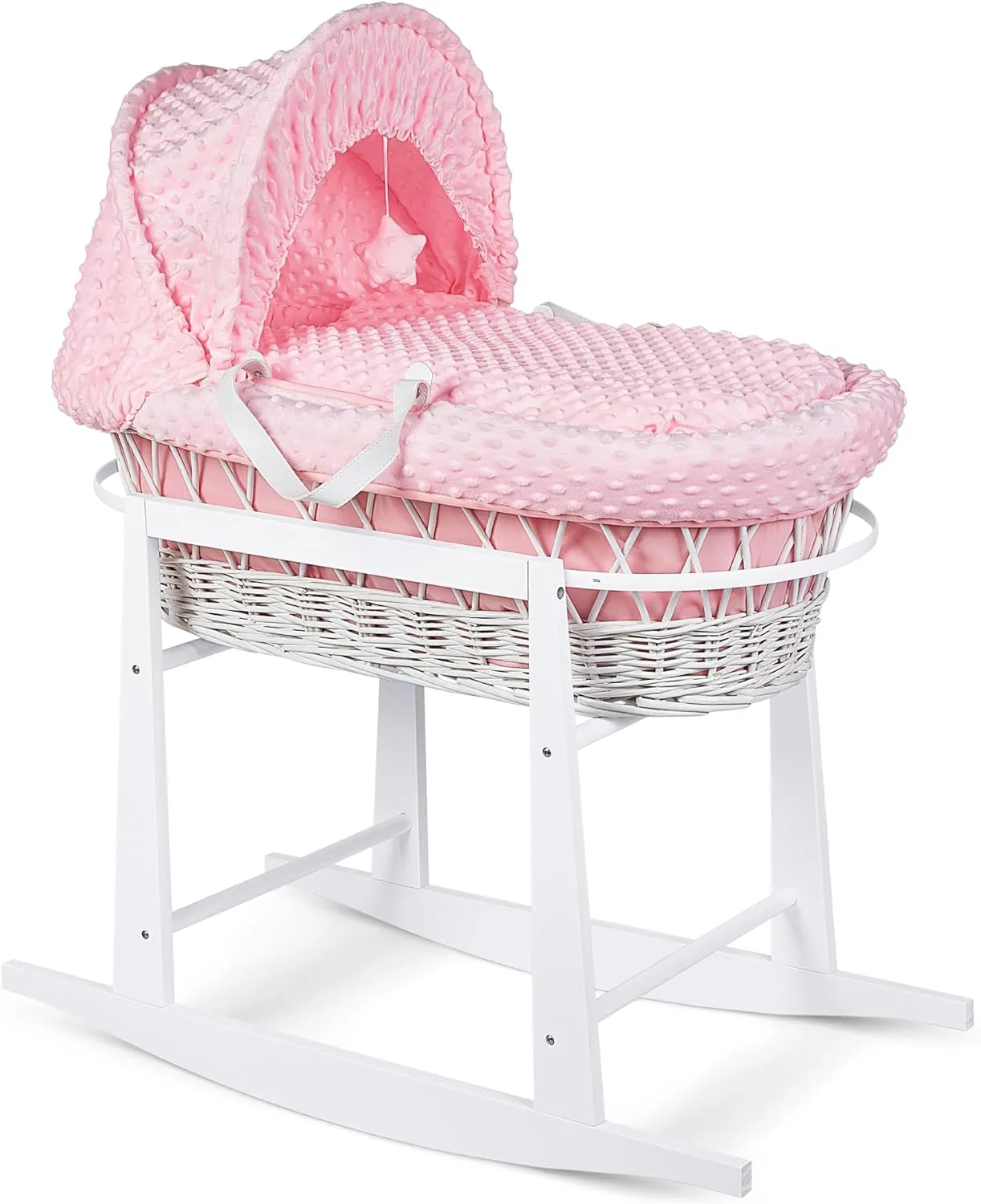 Luxury Moses Basket Padded Wicker Baby Full Set Rocking Stand White Handle/Pink