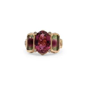 Luxury Pink Tourmaline Bi-Color Tourmaline and Diamond Ring in 18K Gold