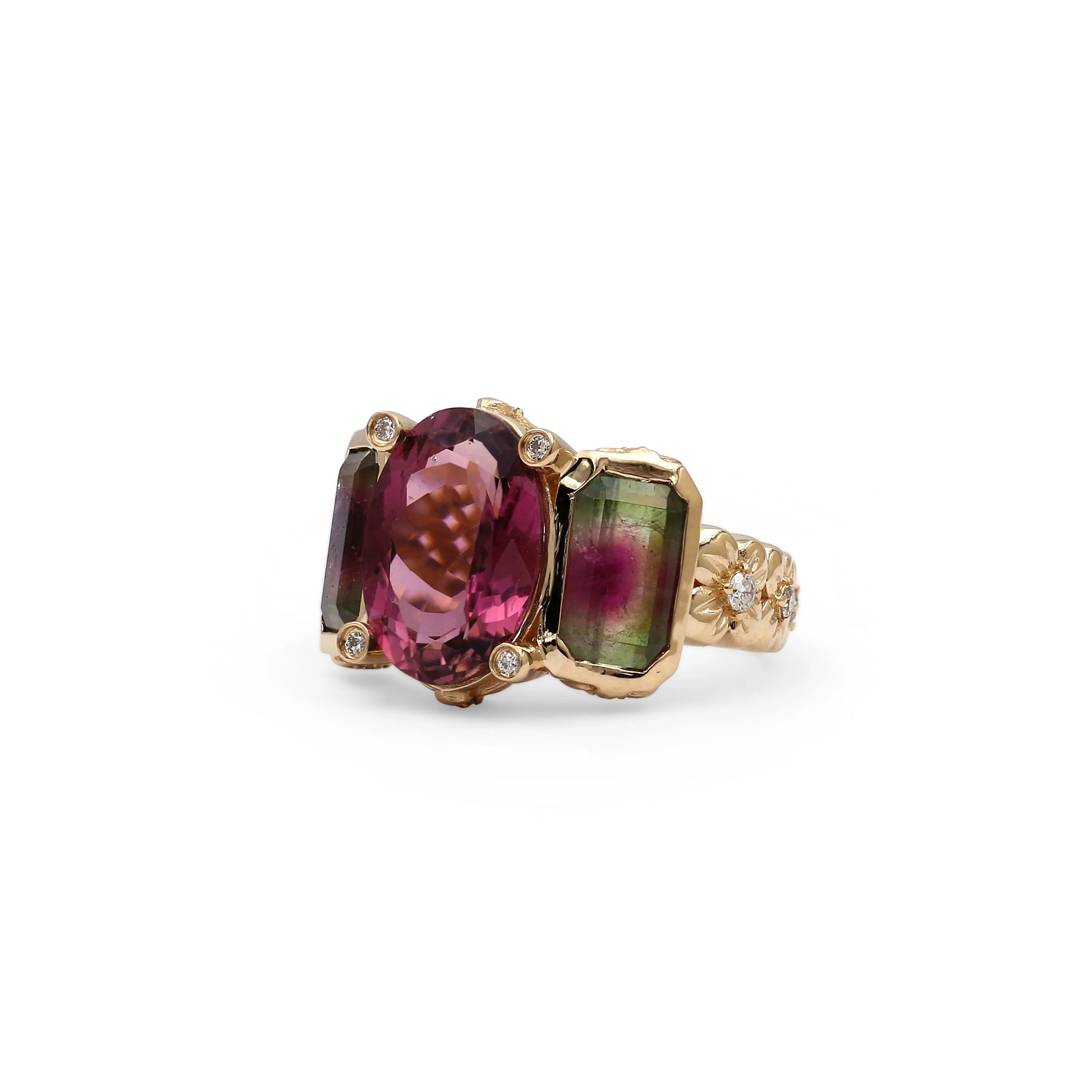 Luxury Pink Tourmaline Bi-Color Tourmaline and Diamond Ring in 18K Gold