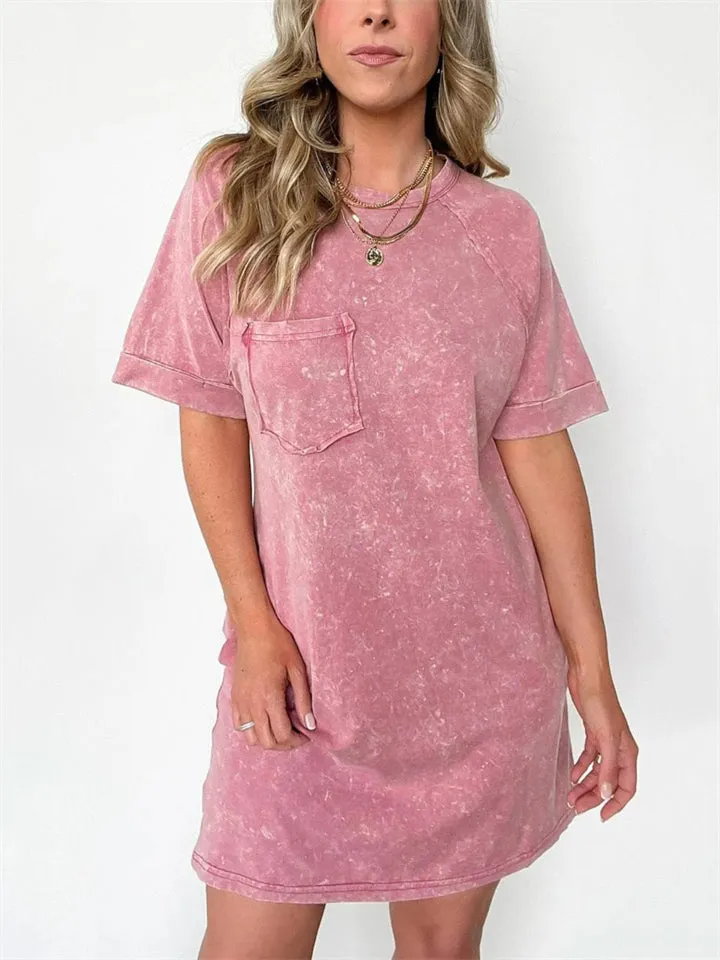 Macaroon Color Casual Round Neck Short Sleeve Mini Dress for Women