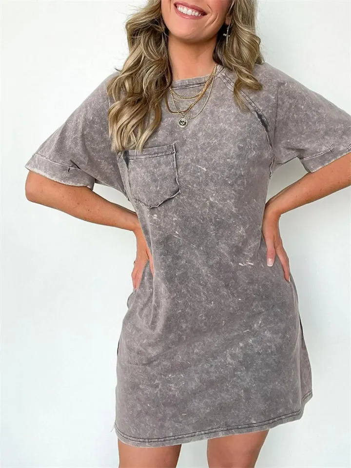 Macaroon Color Casual Round Neck Short Sleeve Mini Dress for Women