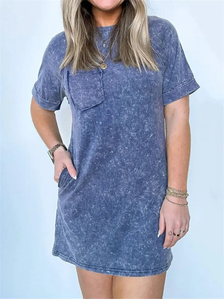 Macaroon Color Casual Round Neck Short Sleeve Mini Dress for Women
