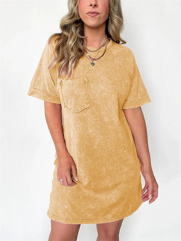 Macaroon Color Casual Round Neck Short Sleeve Mini Dress for Women