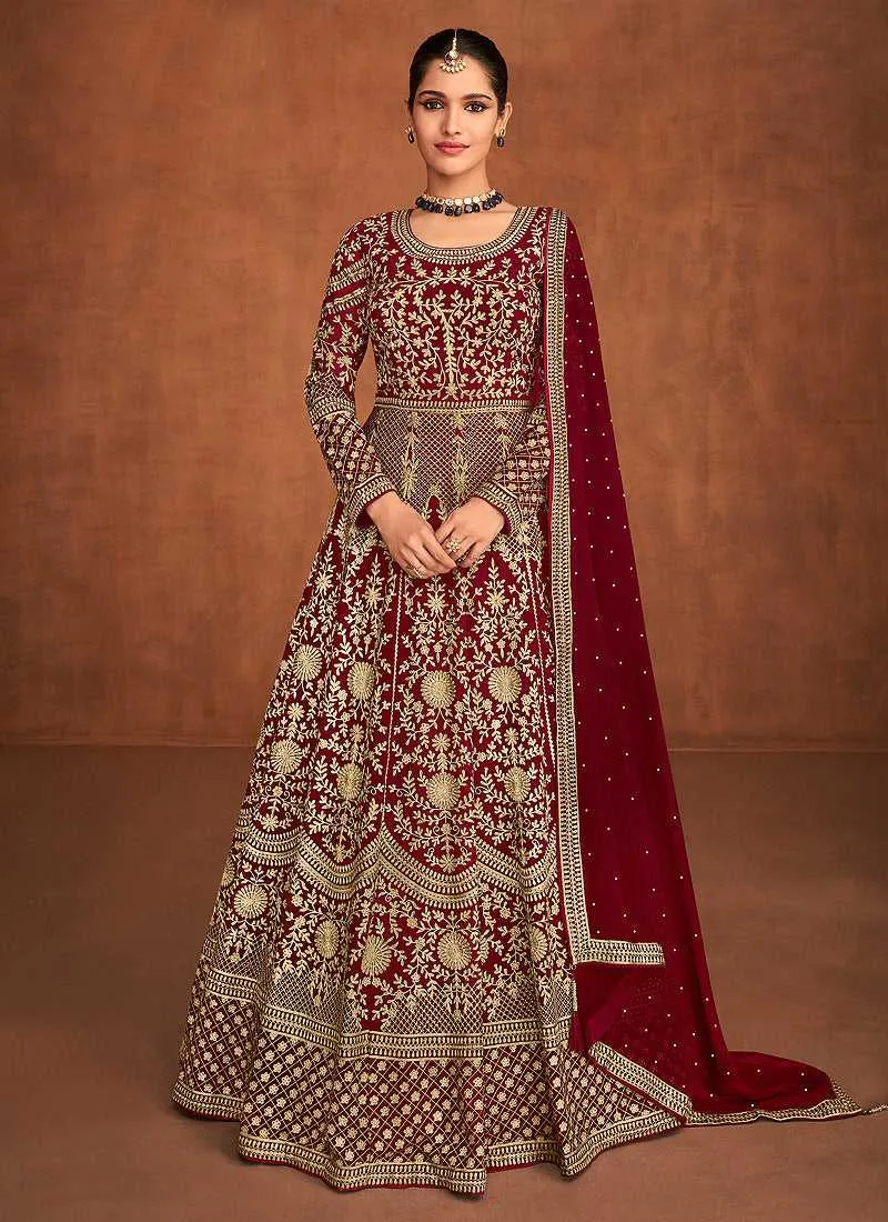 Maroon Heavy Embroidered Designer Gown Style Anarkali