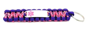 Medical ID 550 Paracord Key Chain with Custom Engraved Stainless Steel ID Tag - Pink Small Rectangle