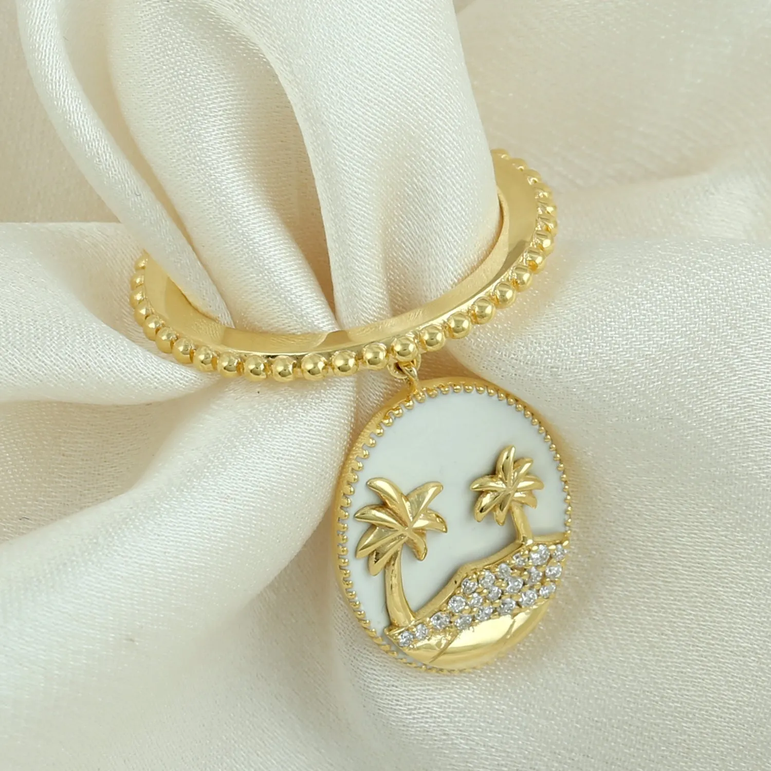 Micro Pave Diamond Coconut Tree Beach Charm 18k Yellow Gold Ring For Gift