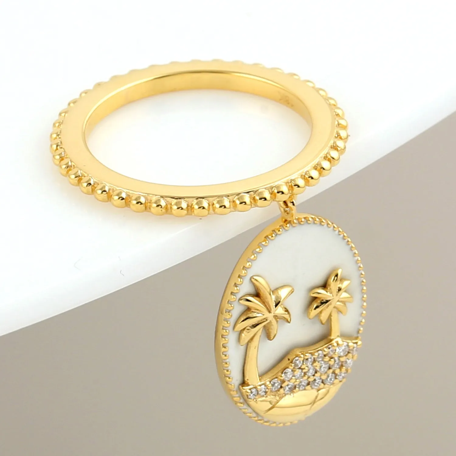 Micro Pave Diamond Coconut Tree Beach Charm 18k Yellow Gold Ring For Gift