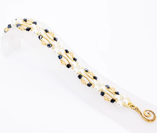 Midnight Navy Blue and Gold Crystal and Pearl Hex Block Link Bracelet