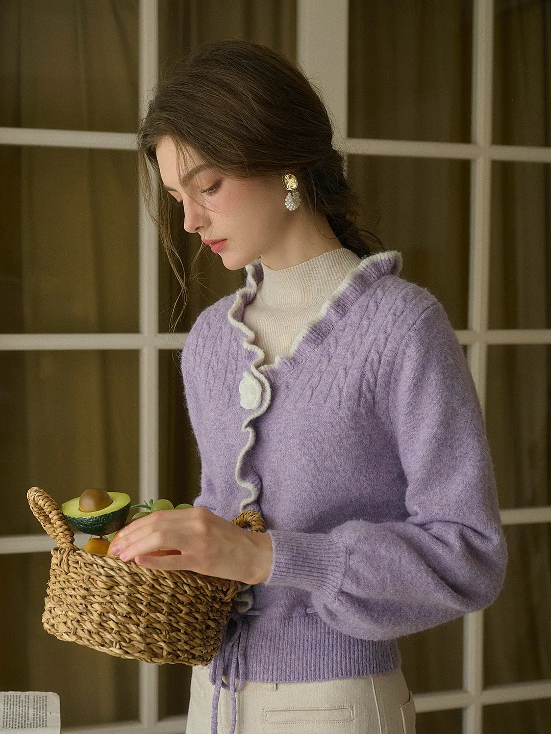 Miller Trimmed Neck Hollow 3D Flower Knitted Cardigan