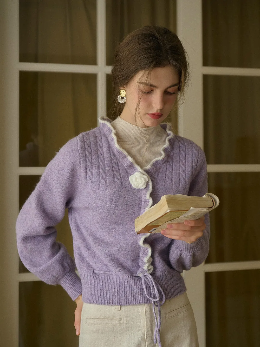 Miller Trimmed Neck Hollow 3D Flower Knitted Cardigan