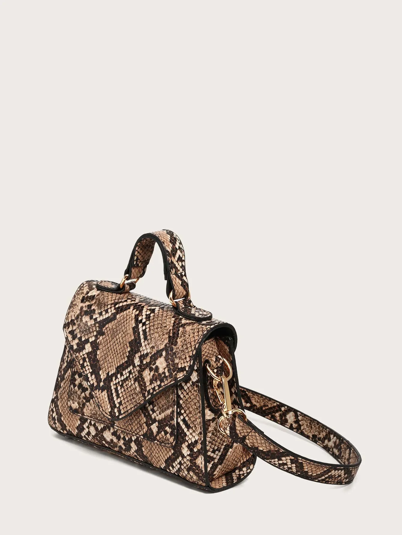 Mini Snakeskin Print Satchel Bag - Coffee Brown