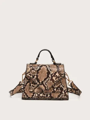 Mini Snakeskin Print Satchel Bag - Coffee Brown