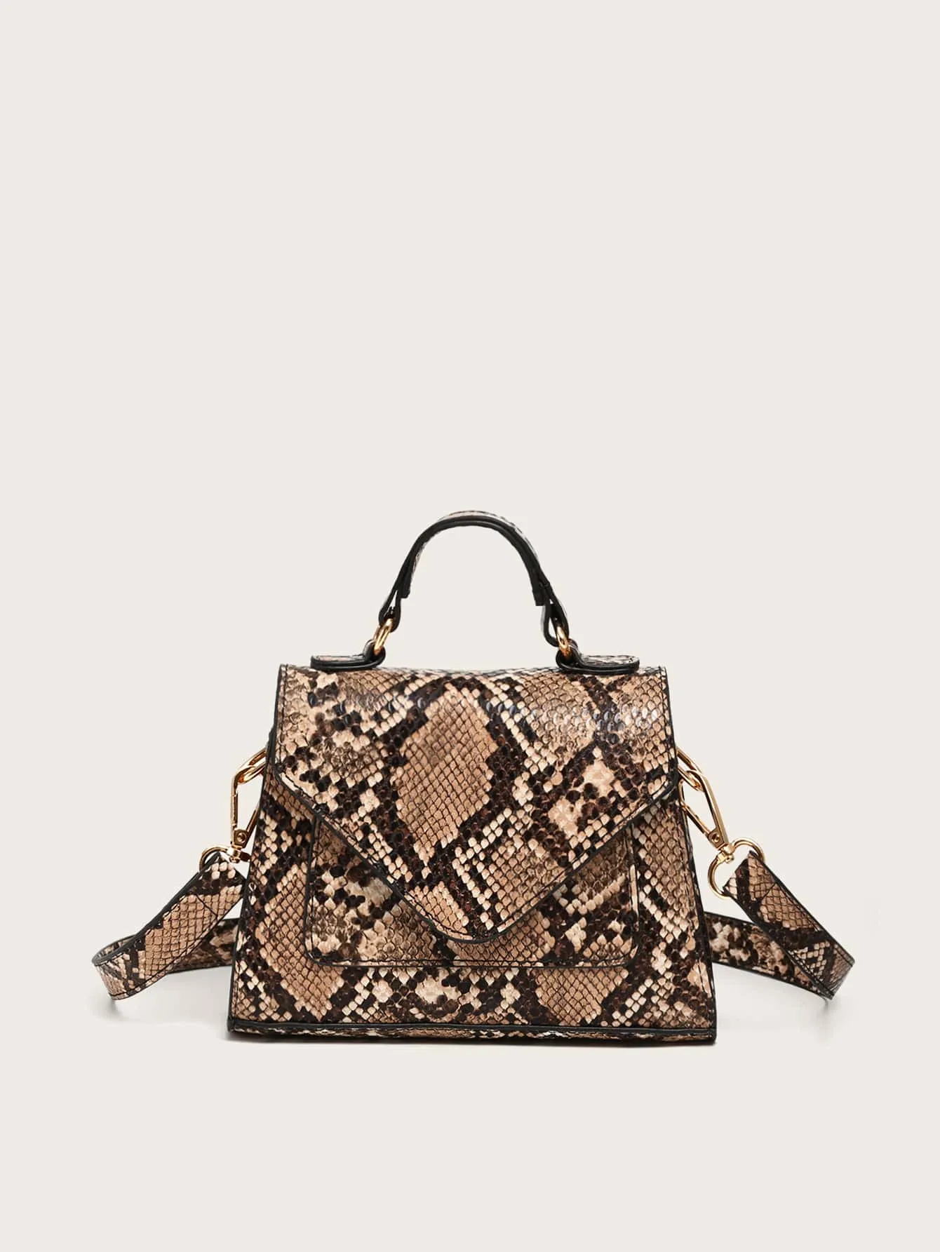 Mini Snakeskin Print Satchel Bag - Coffee Brown