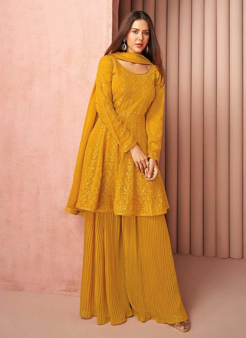 Mustard Heavy Embroidered Stylish Sharara Suit