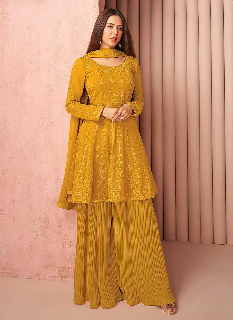 Mustard Heavy Embroidered Stylish Sharara Suit