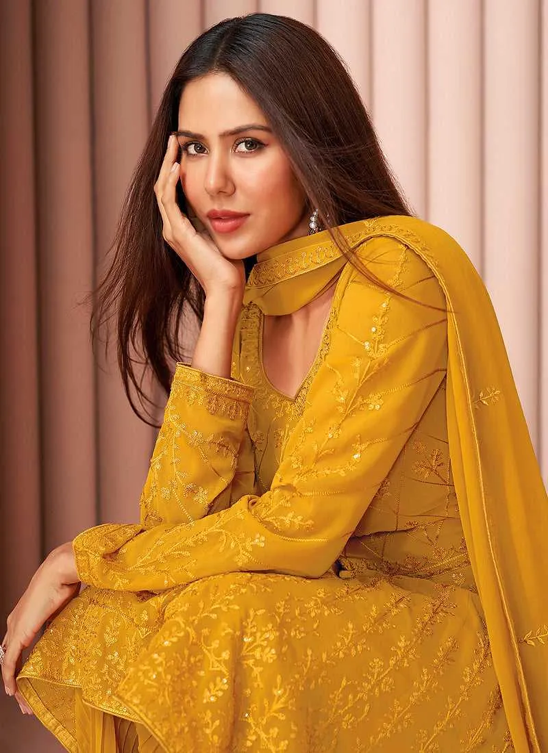 Mustard Heavy Embroidered Stylish Sharara Suit