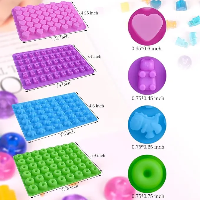 New Sakolla Gummy Candy Molds Silicone with 2 Droppers Pack of 4 Mini Silicone Molds Including Dinosaur, Bear Shape, Hearts and Donut Gummie Chocolate Molds for Kids