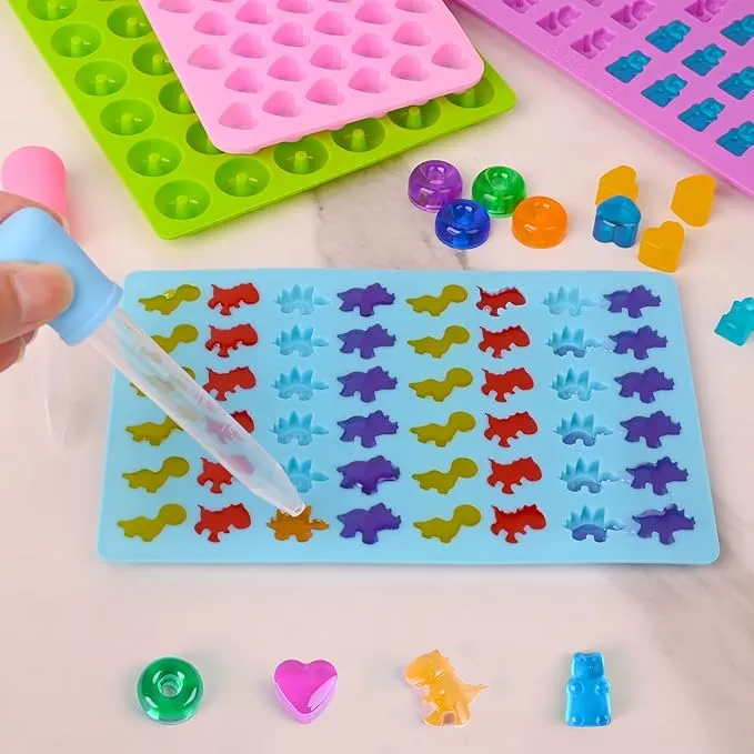 New Sakolla Gummy Candy Molds Silicone with 2 Droppers Pack of 4 Mini Silicone Molds Including Dinosaur, Bear Shape, Hearts and Donut Gummie Chocolate Molds for Kids