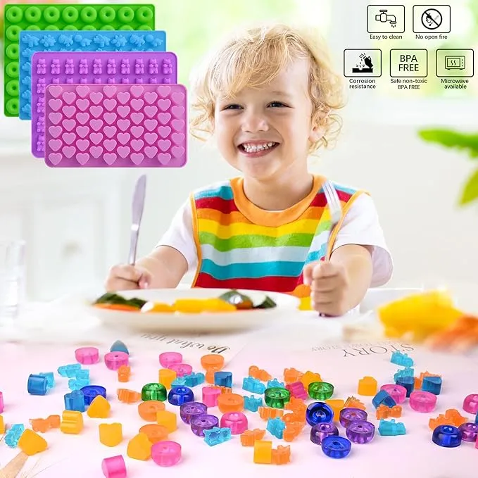 New Sakolla Gummy Candy Molds Silicone with 2 Droppers Pack of 4 Mini Silicone Molds Including Dinosaur, Bear Shape, Hearts and Donut Gummie Chocolate Molds for Kids