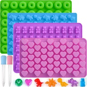 New Sakolla Gummy Candy Molds Silicone with 2 Droppers Pack of 4 Mini Silicone Molds Including Dinosaur, Bear Shape, Hearts and Donut Gummie Chocolate Molds for Kids