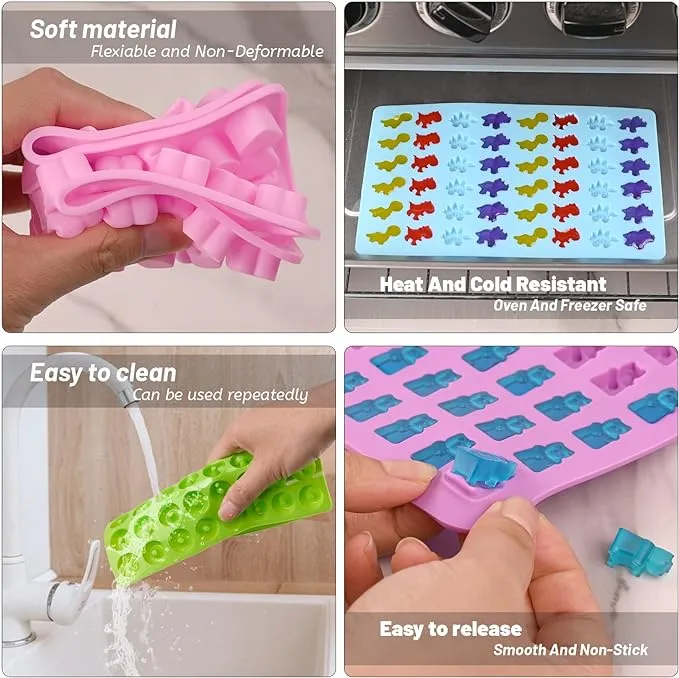 New Sakolla Gummy Candy Molds Silicone with 2 Droppers Pack of 4 Mini Silicone Molds Including Dinosaur, Bear Shape, Hearts and Donut Gummie Chocolate Molds for Kids