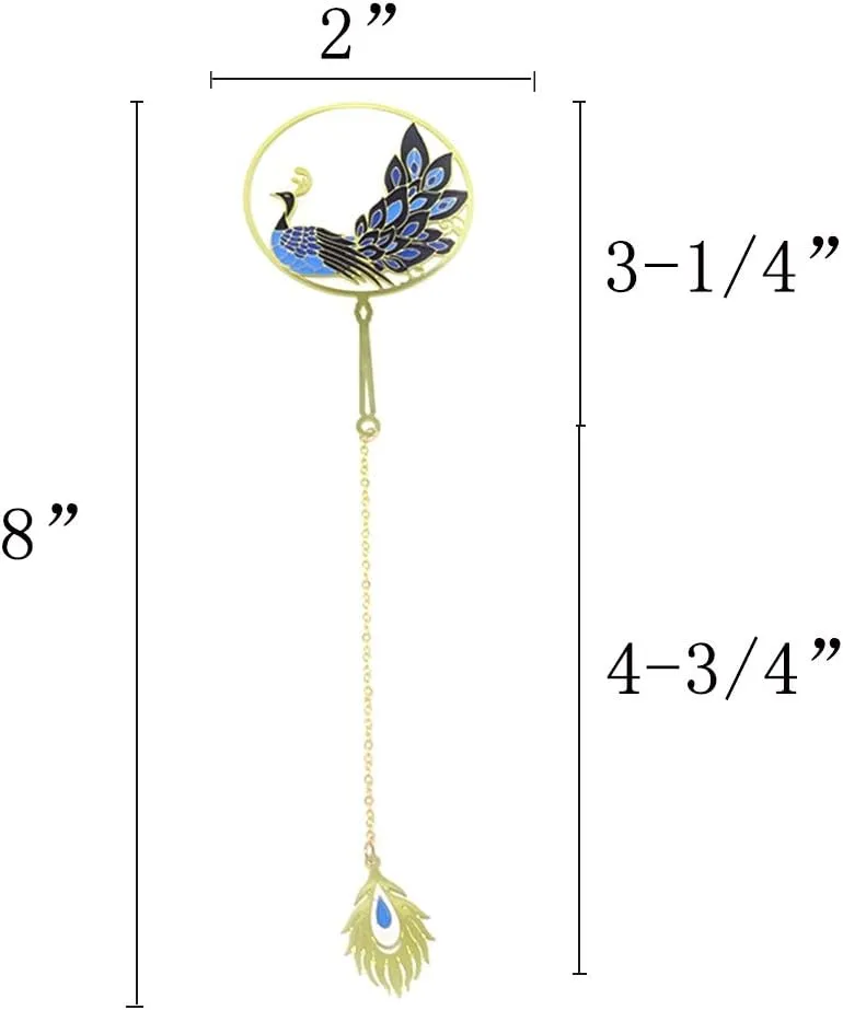 NEW yueton Peacock Metal Bookmarks 24K Gold Plated Brass Page Marker with Metal Pendant