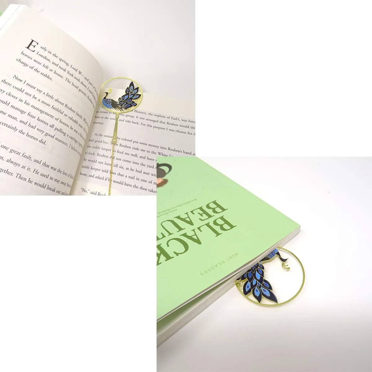 NEW yueton Peacock Metal Bookmarks 24K Gold Plated Brass Page Marker with Metal Pendant