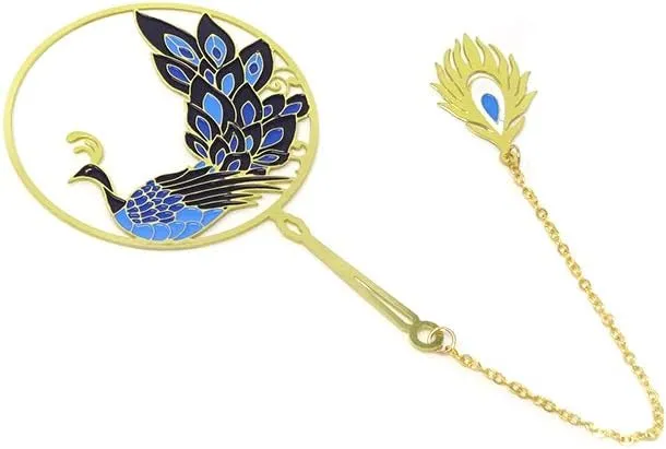 NEW yueton Peacock Metal Bookmarks 24K Gold Plated Brass Page Marker with Metal Pendant