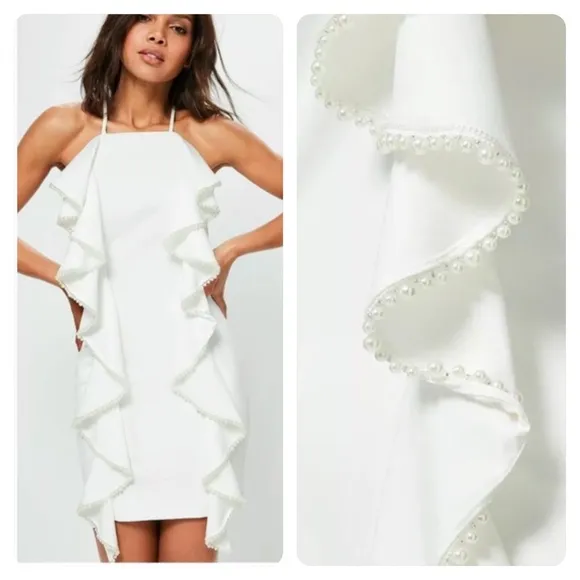 NWT! MISSGUIDED CHIC CREPE FRILL PEARL DRESS