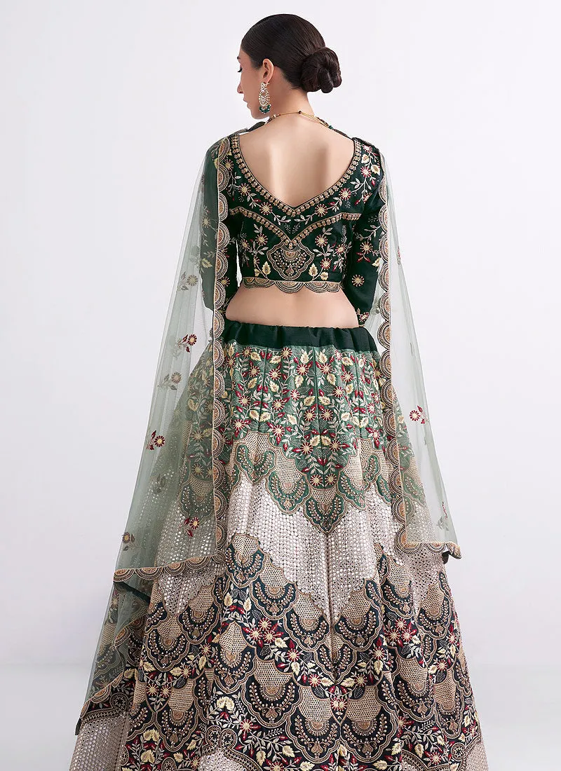Off White Green Embroidered Heavy Designer Lehenga