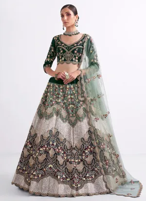 Off White Green Embroidered Heavy Designer Lehenga
