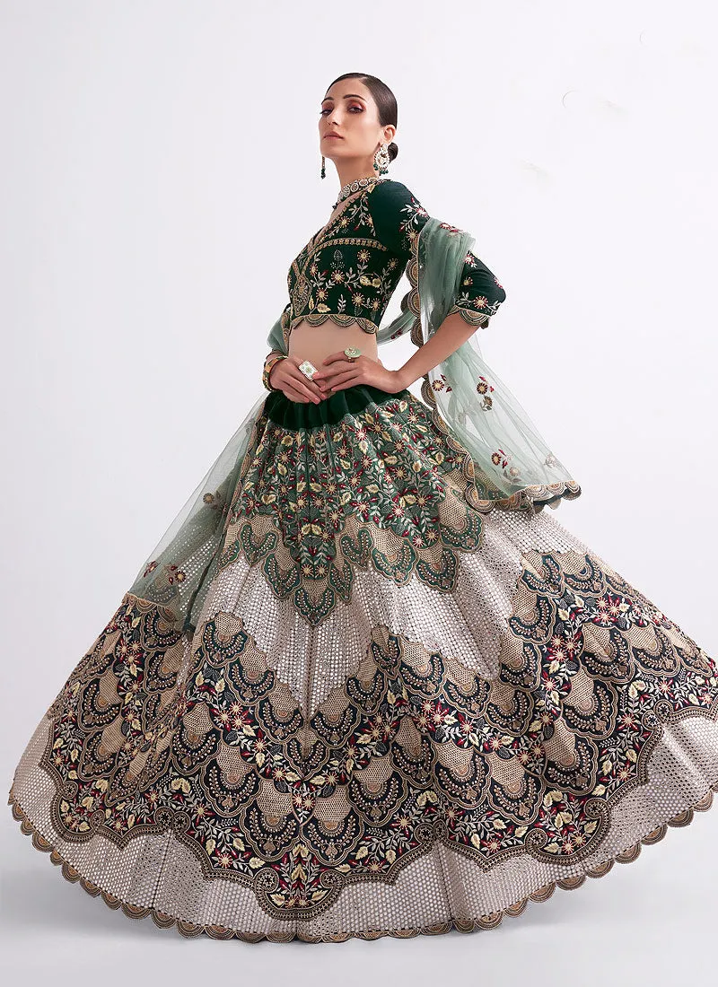 Off White Green Embroidered Heavy Designer Lehenga