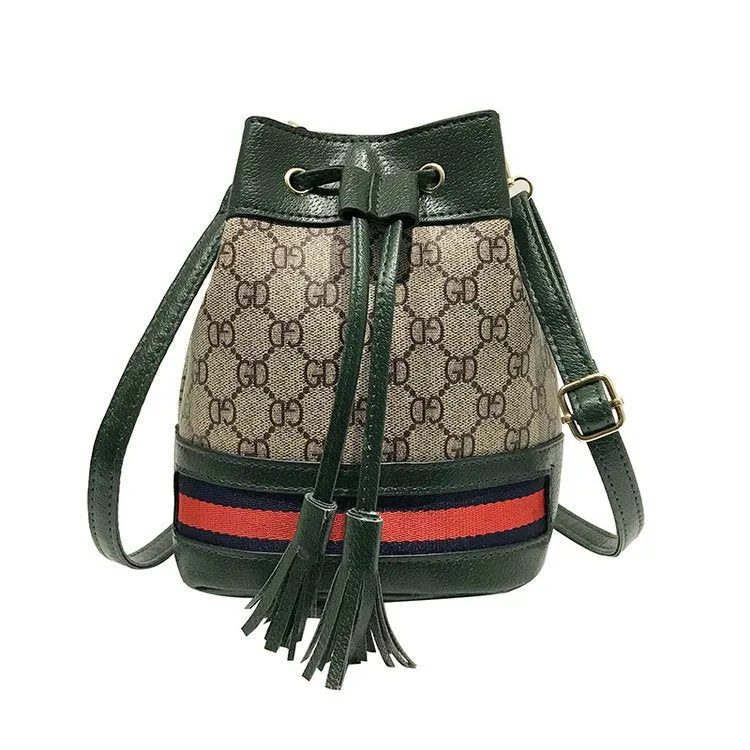 Old Flower Drawstring Hit Color Bucket Bag Casual Tassel Single Shoulder Messenger Bag