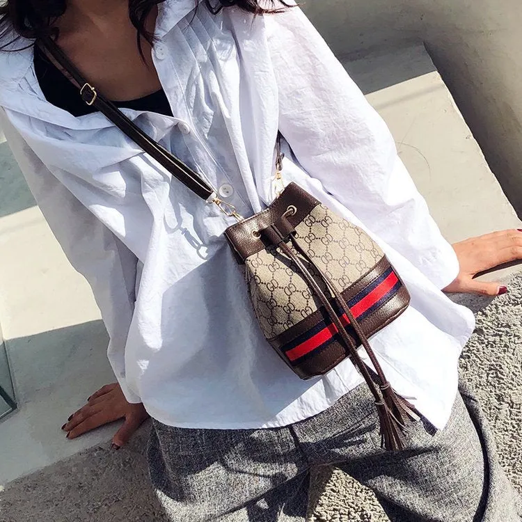 Old Flower Drawstring Hit Color Bucket Bag Casual Tassel Single Shoulder Messenger Bag