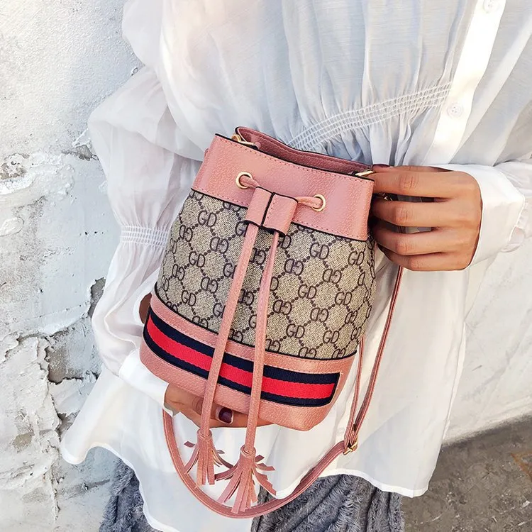Old Flower Drawstring Hit Color Bucket Bag Casual Tassel Single Shoulder Messenger Bag