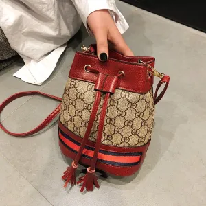 Old Flower Drawstring Hit Color Bucket Bag Casual Tassel Single Shoulder Messenger Bag
